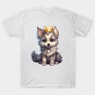 Watercolor Gray Wolf Wearing a Crown T-Shirt